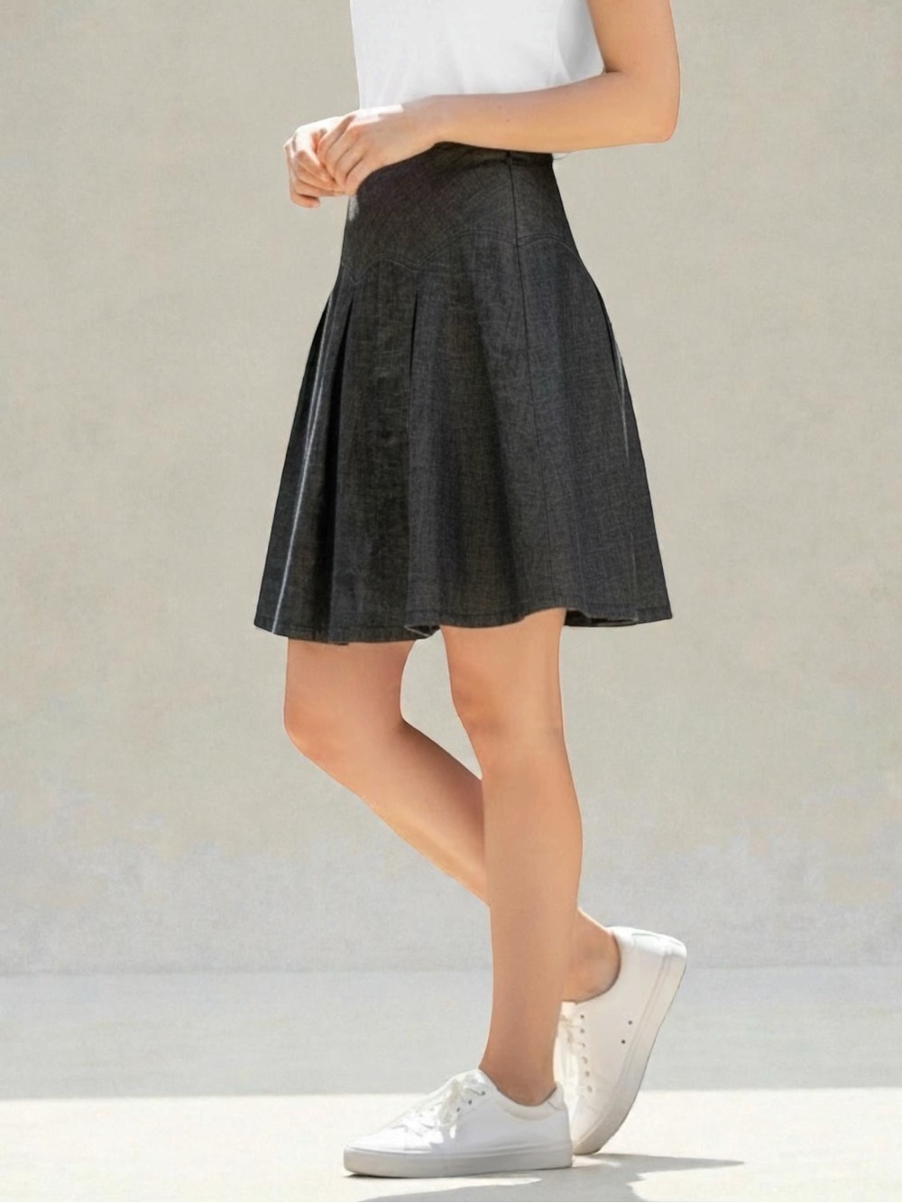 Valerie Stevens Dark Wash Denim Black Blue Pleated Flared Mini Skirt Size 6 - Picture 6 of 6